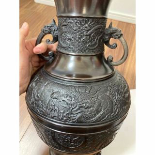 高岡銅器 兼荀 双龍獣耳骨董品 峰雲 花瓶花器 アンティーク青銅尺3