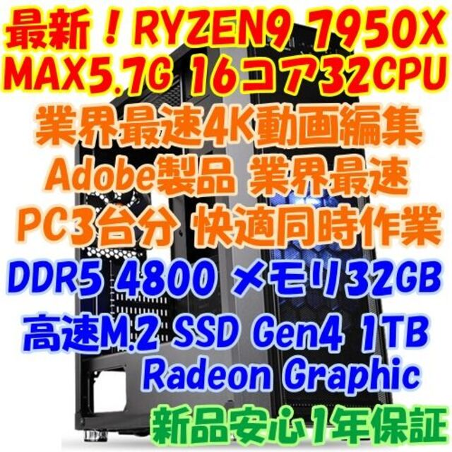 ★ゲーム以外最強PC！　RYZEN9 7950X CPUパソコン 3台分の性能 スマホ/家電/カメラのPC/タブレット(デスクトップ型PC)の商品写真