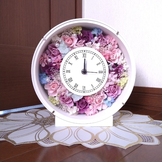❤プレゼントで人気の素敵な花時計(パープル系)　一点物　置時計　掛時計