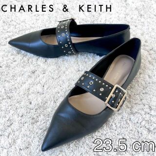 チャールズアンドキース(Charles and Keith)のチャールズアンドキース スタッズバックル パンプス フラットシューズ 黒 38(ローファー/革靴)