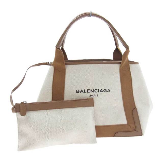 BALENCIAGA バレンシアガ 339933 ネイビーカバ S ロゴプリント ハンドバッグ トートバッグ ベージュ系