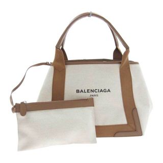 バレンシアガ(Balenciaga)のBALENCIAGA バレンシアガ 339933 ネイビーカバ S ロゴプリント ハンドバッグ トートバッグ ベージュ系【中古】(ハンドバッグ)