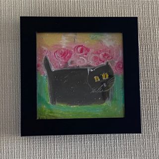 フローラル 絵画。壁掛け絵原画手描き【黒猫たちはピアノとバイオリン