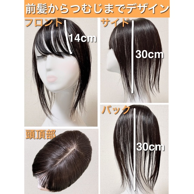 高級人毛100% 分け目自由自在 30cm ヘアピース 部分ウィッグ ブラック