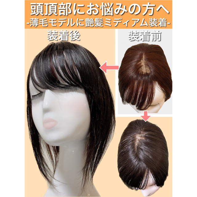 高級人毛100% 分け目自由自在 30cm ヘアピース 部分ウィッグ ブラック