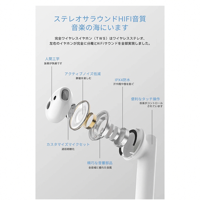 Bluetooth イヤホン 完全 ワイヤレス イヤホン TWS Hi-Fi音質 スマホ/家電/カメラのオーディオ機器(ヘッドフォン/イヤフォン)の商品写真