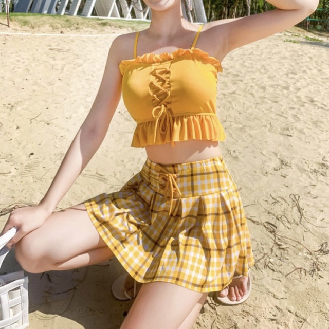 インポート水着 スカート付き ビスチェビキニ 黄色 チェック柄 MLサイズ 韓国