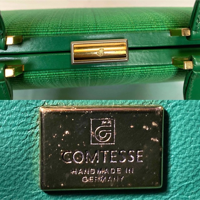 美品】COMTESSE ホースヘア×レザー グリーン ゴールド金具ハンドバッグ