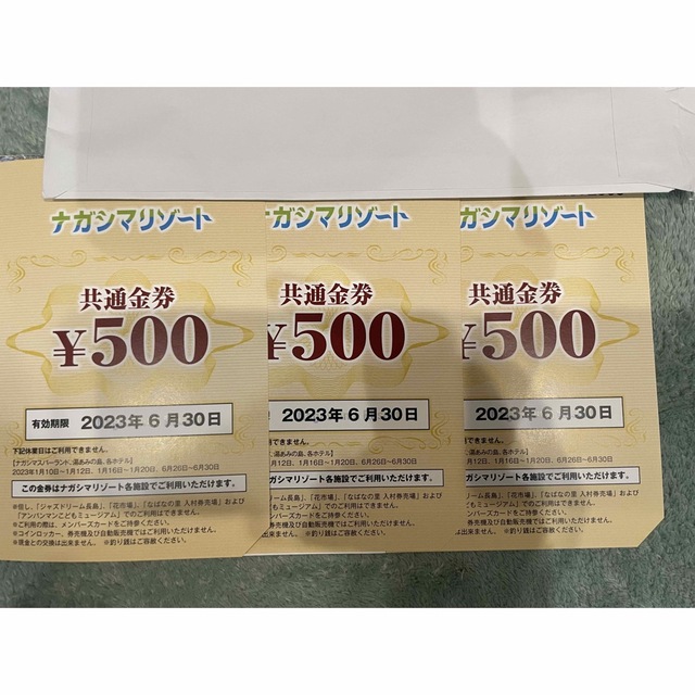 ナガシマリゾート共通金券５００円×３枚