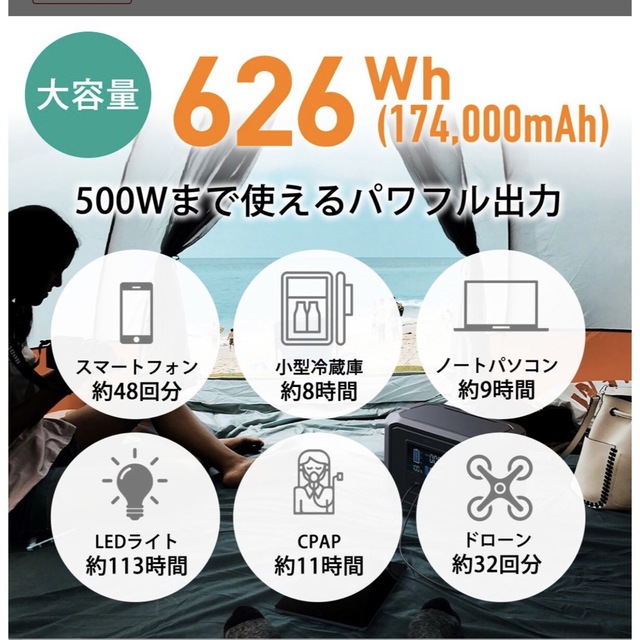 ポータブル電源 626W 発電機 ポータブルバッテリー 大容量174000mAhの