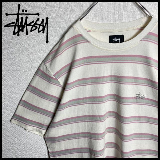 美品】ステューシー ワンポイント刺繍ロゴ ボーダーTシャツ アイボリー