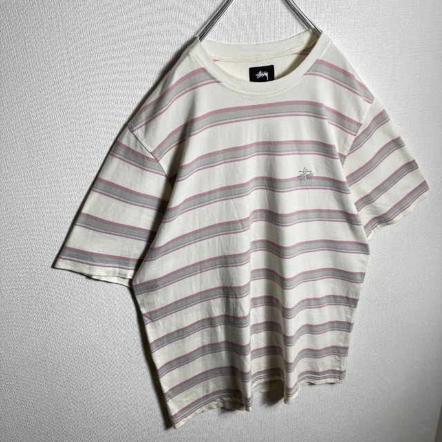 美品】ステューシー ワンポイント刺繍ロゴ ボーダーTシャツ アイボリー