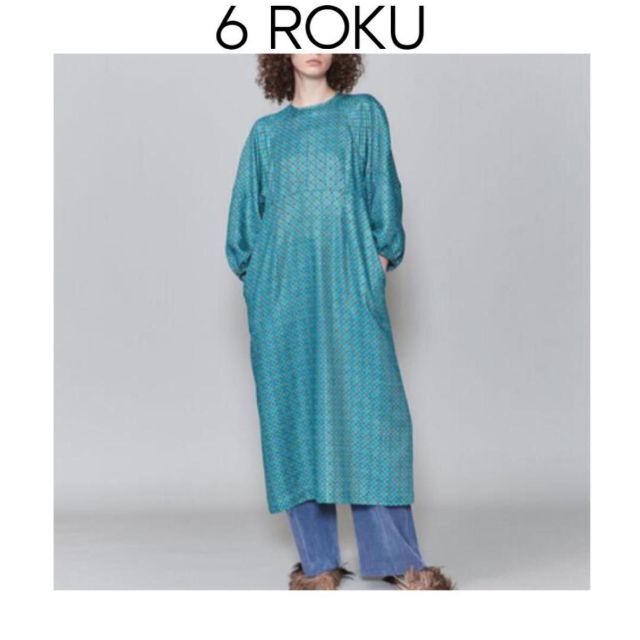 6 ROKU　スクエアラインドレス　グリーン　緑　ワンピース　ロング丈　長袖