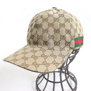 グッチ(Gucci)の美品□GUCCI/グッチ 601491 GGキャンバス ウェブライン レザー使い ベースボールキャップ/帽子 ベージュ XL/60cm イタリア製 正規品 メンズ t14-st30309-712(キャップ)