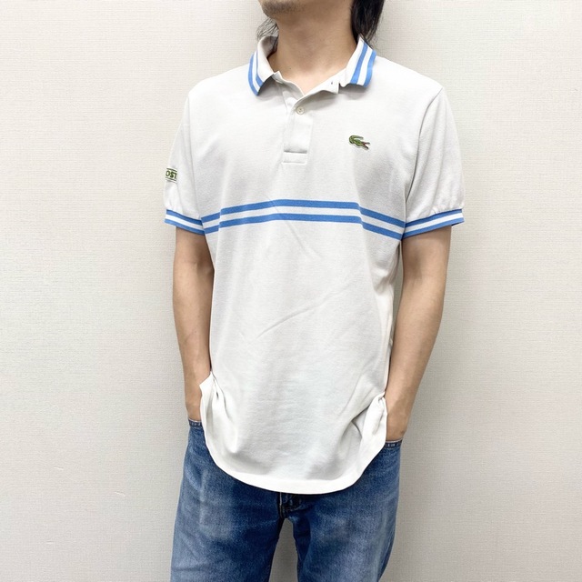 70’s ユーロ フランス製 ラコステ CHEMISE LACOSTE 鹿の子 ポロシャツ 半袖 ライン ワンポイントロゴ サイズ：メンズ M相当 ホワイト×ライトブルー