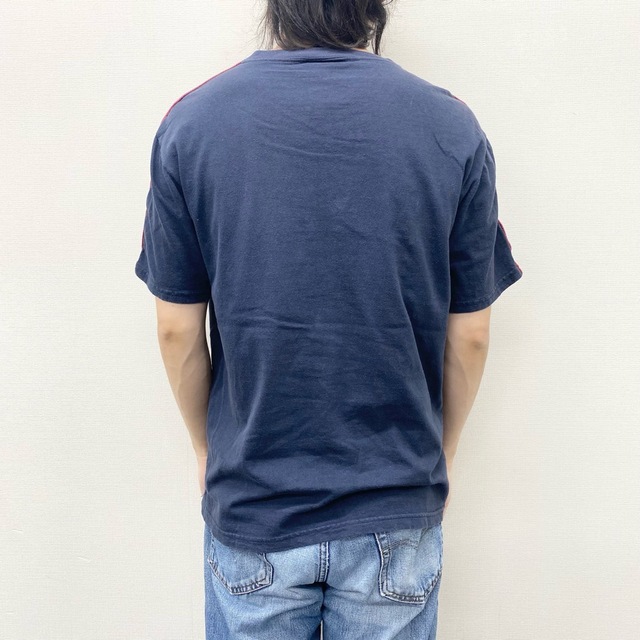 US古着 ポロ ジーンズ POLO JEANS ラルフローレン Tシャツ 半袖 Vネック ワンポイント プリント ライン サイズ：メンズ S  ネイビー【中古】