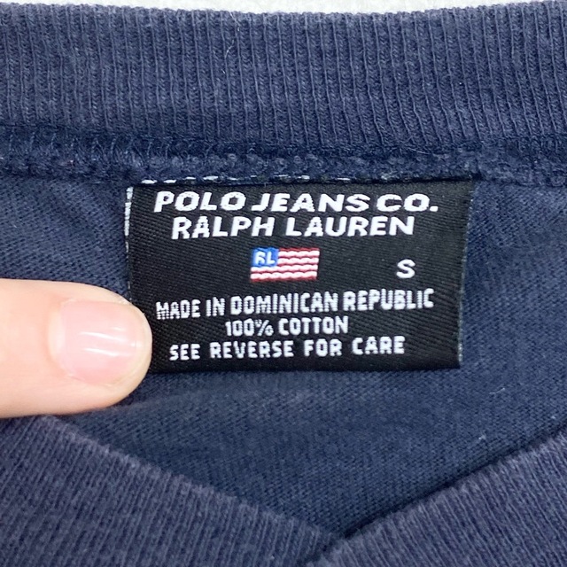 US古着 ポロ ジーンズ POLO JEANS ラルフローレン Tシャツ 半袖 Vネック ワンポイント プリント ライン サイズ：メンズ S  ネイビー【中古】