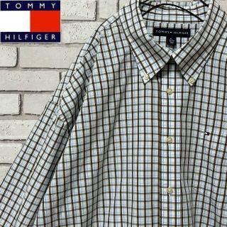 トミーヒルフィガー(TOMMY HILFIGER)のトミーヒルフィガー 長袖BDシャツ チェック柄 ロゴ刺繍 ホワイト＆ブラウンXL(シャツ)