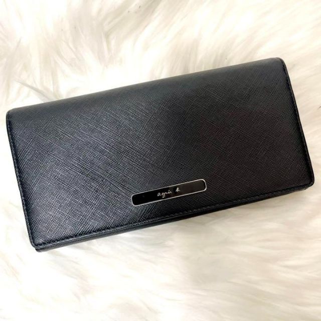 極美品✨アニエスベー 長財布 2つ折り 牛床革 黒 ロゴプレート 品質が
