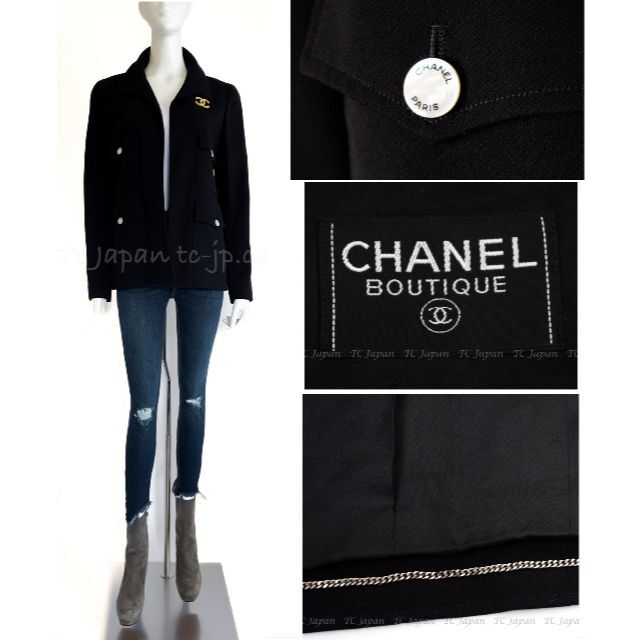CHANEL(シャネル)の定番シャネル CHANEL ブラック・ウール100%ロゴボタン・ジャケット レディースのジャケット/アウター(テーラードジャケット)の商品写真