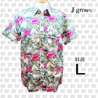 新品　【J-grows】　Ｌ　ホワイト　ハイビスカス(ピンク)　アロハ風シャツ(シャツ)