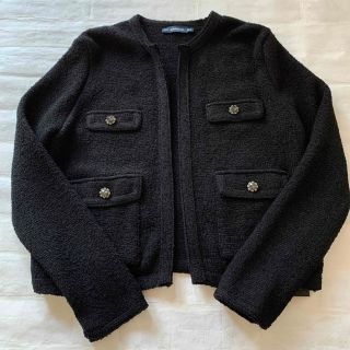 ザラ(ZARA)のZARA  ノーカラーニットジャケット（ブラック）Sサイズ(ノーカラージャケット)