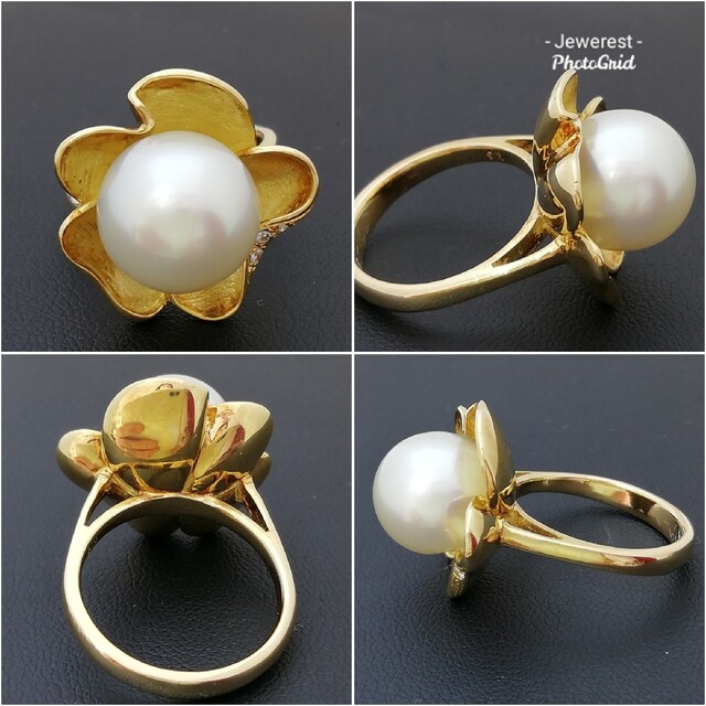 K18✨花びらに包まれた◯白蝶真珠リング✨ちこっと✨ダイヤ付き✨上品