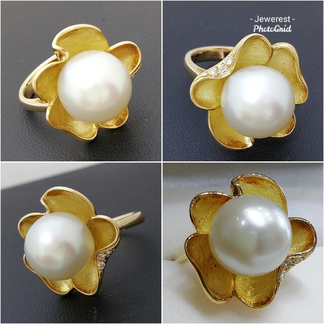 K18✨花びらに包まれた◯白蝶真珠リング✨ちこっと✨ダイヤ付き✨上品
