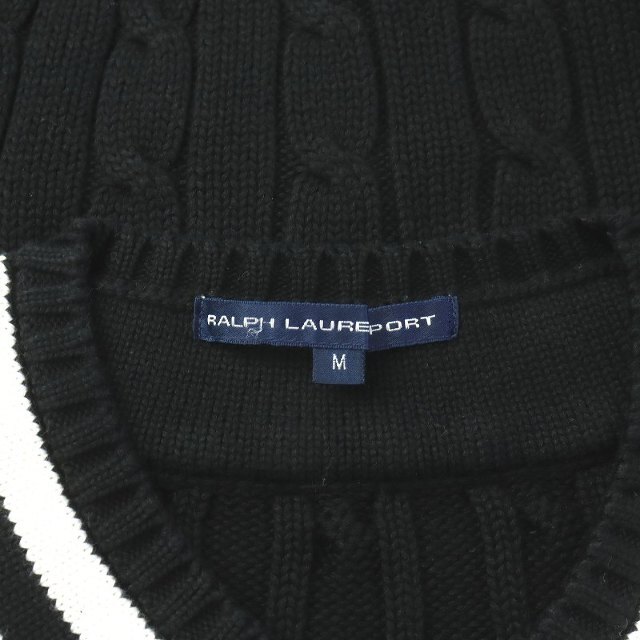 Ralph Lauren(ラルフローレン)のラルフローレン SPORT ケーブルニット セーター 長袖 Vネック M 黒 白 レディースのトップス(ニット/セーター)の商品写真