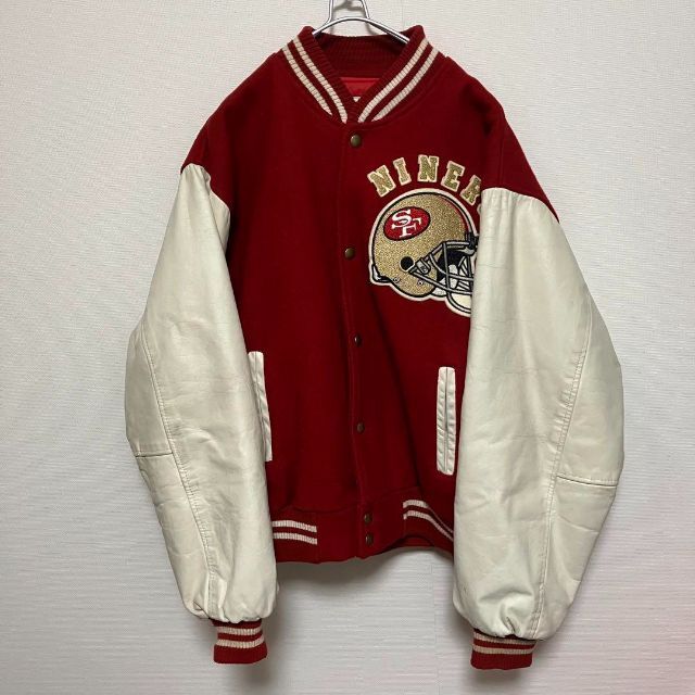 80s usa製 NFL ウールスタジャン 49ers 袖レザー バックロゴ-