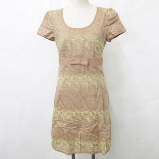 トッカ(TOCCA)のトッカ ワンピース チュニック 半袖 丸首 ひざ丈 刺繍 葉柄 シルク 茶 2(ひざ丈ワンピース)