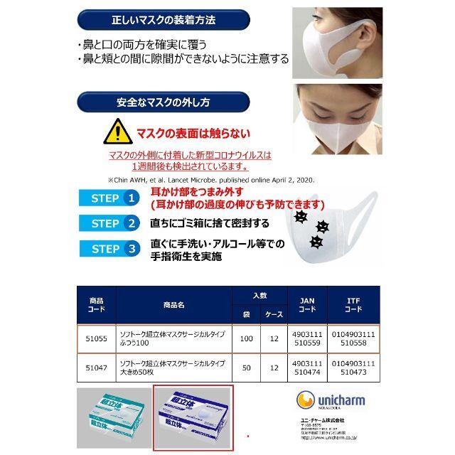 Unicharm(ユニチャーム)の1.ソフトーク 超立体マスク サージカルタイプ大きめ  ５０枚入2個セット インテリア/住まい/日用品のインテリア/住まい/日用品 その他(その他)の商品写真