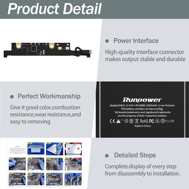 A1819 バッテリー、Runpower【PSE認証済み】 置換MacBook 3