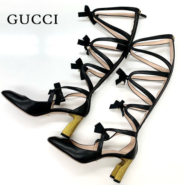 Gucci - 6370 グッチ レザー リボン パール パンプス ブラックの通販