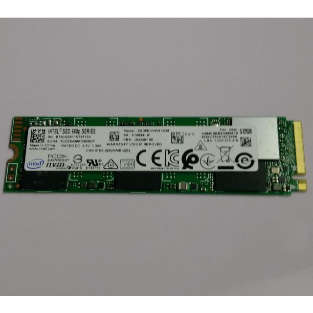 Intel 660p 512GB PCIe 3.0 NVMe M.2 SSD スマホ/家電/カメラのPC/タブレット(PCパーツ)の商品写真