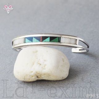 インディアンジュエリー(INDIAN JEWELRY)のターコイズ コーラル サンゴ インディアンジュエリー 純銀 バングル ズニ族(ブレスレット/バングル)