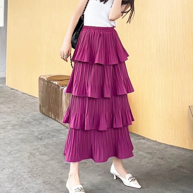 ♬さらさらティアードスカート プリーツ ホワイト■韓国ファッション 春夏 レディースのスカート(ロングスカート)の商品写真
