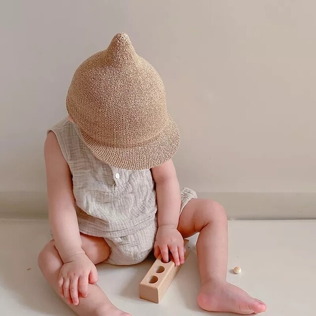 韓国子供服 とんがり麦わら帽子 赤ちゃん お出かけ ベビー ベージュの通販 by selectshop pomul|ラクマ