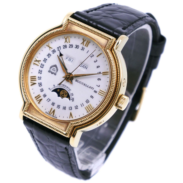 【BUCCELLATI】ブチェラッティ トリプルカレンダー ムーンフェイズ DAL1919 7730001 K18イエローゴールド×レザー 黒 自動巻き メンズ 白文字盤 腕時計
