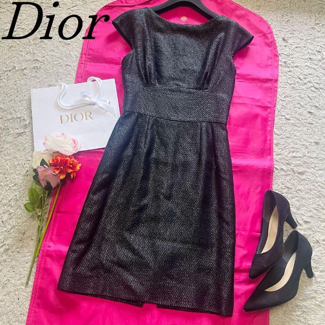 【良品】Christian Dior 膝丈ワンピース ブラック フレンチスリーブ素材コットンナイロン