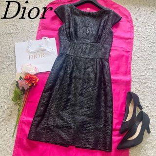 クリスチャンディオール(Christian Dior)の【良品】Christian Dior 膝丈ワンピース ブラック フレンチスリーブ(ひざ丈ワンピース)