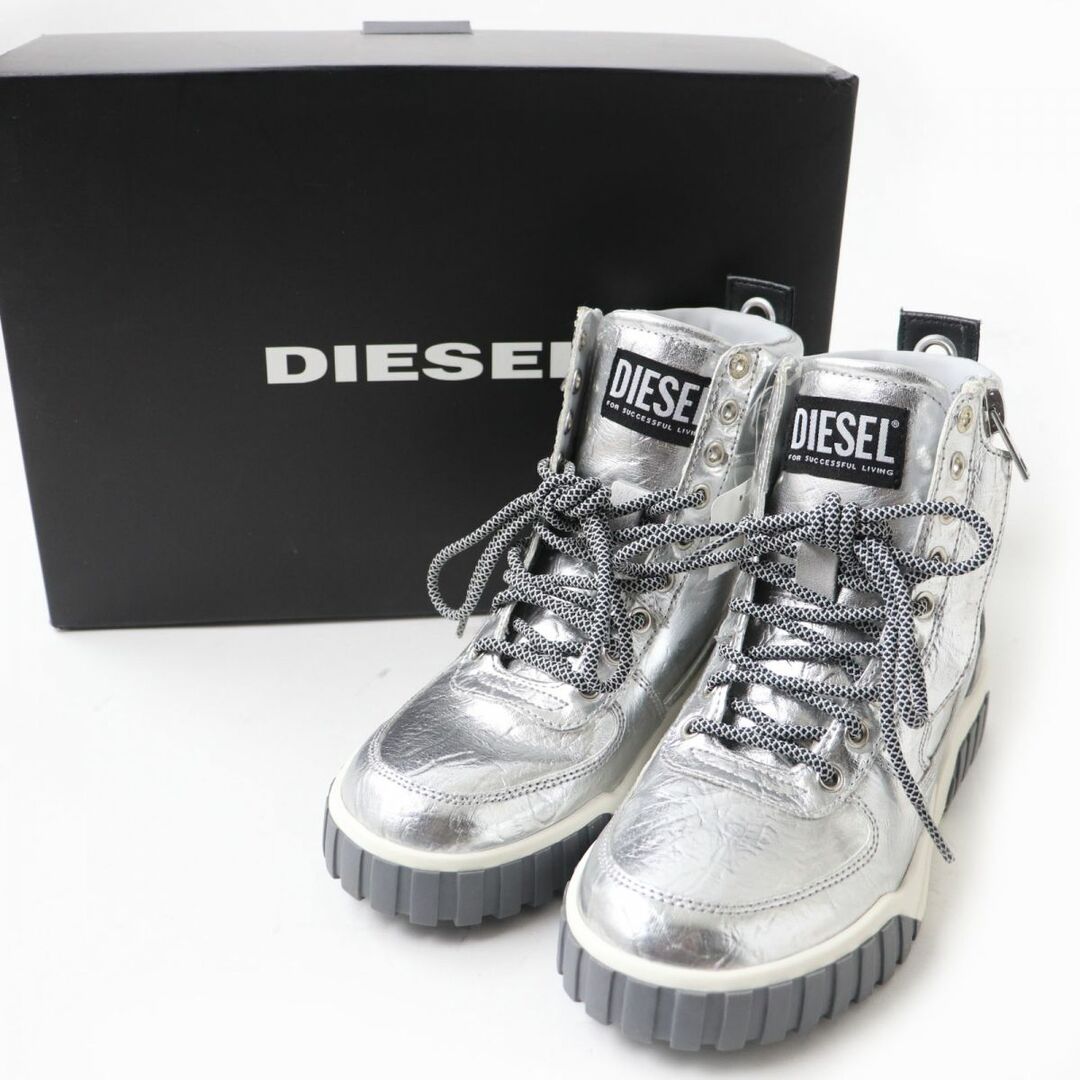 未使用品☆DIESEL ディーゼル S-RUA MID W サイドジップ レースアップ ハイカット スニーカー シルバー 23cm レディース 箱付き J09-st30309-06