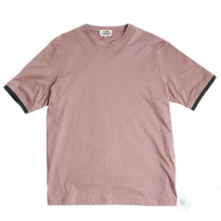 エルメス(Hermes)の未使用品●22SS HERMES エルメス ライン入り 袖口切り替え 半袖 クルーネック Tシャツ/カットソー ピンク L イタリア製 正規品 タグ付き　q12-st30316-132(Tシャツ/カットソー(半袖/袖なし))