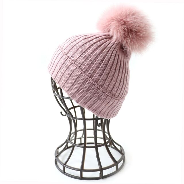 極美品☆MONCLER モンクレール リブ編み ロゴワッペン・フォックスファー付き ニット帽/ニットキャップ ピンク Mサイズ レディース♪ J11-st30315-39