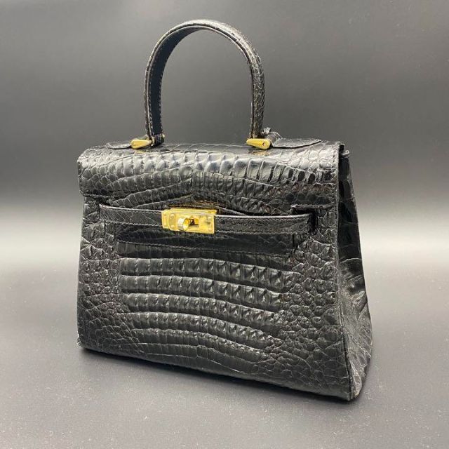 美品 本革 グレージュのシャイニークロコダイル ワニ革 ハンドバッグ