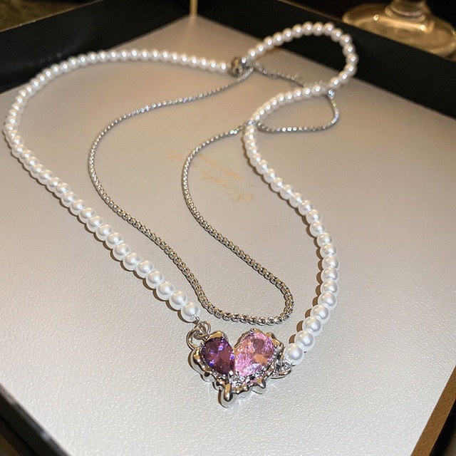水晶ハートパールネックレス二重層真珠パール レディースのアクセサリー(ネックレス)の商品写真
