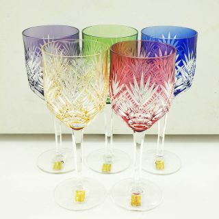 カガミクリスタル 江戸切子 ワイングラス 5色 5点セット 箱付き 食器 KAGAMI CRYSTAL グラス【美品】【送料無料】(グラス/カップ)