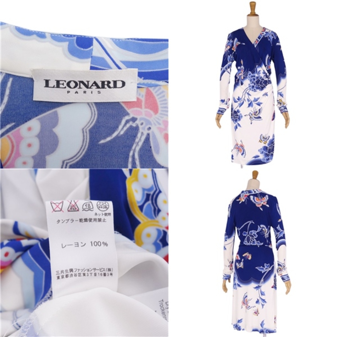 美品 レオナール LEONARD PARIS ワンピース ドレス ロングスリーブ 総柄 ジャージー トップス レディース 38(M相当) ブルー/ホワイト