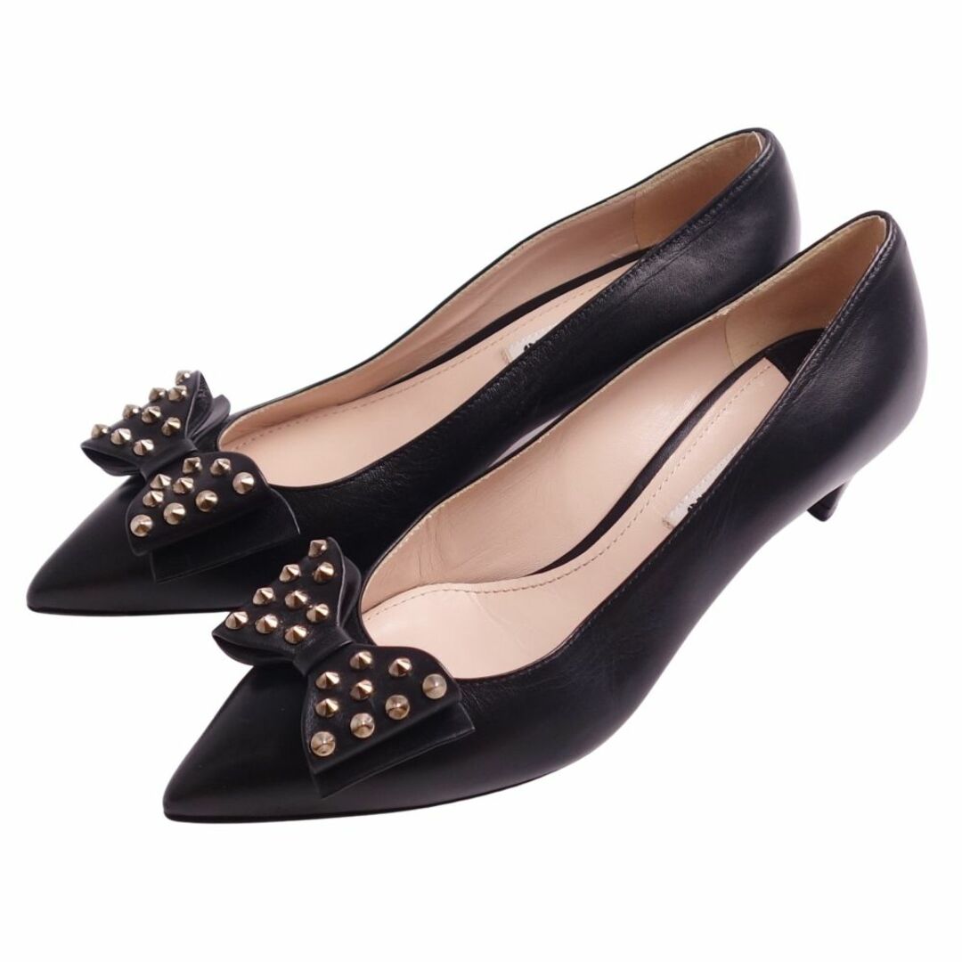 未使用 ミュウミュウ miumiu パンプス リボン スタッズ カーフレザー ヒール シューズ 靴 レディース 36 1/2(23.5cm相当) ブラック