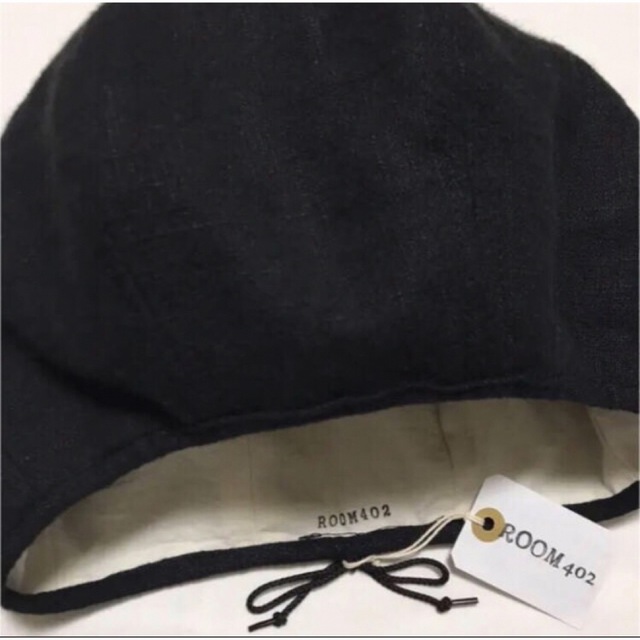 黒 リネン 麻 ベレー帽 ハンドメイド サイズ調節 メンズの帽子(ハンチング/ベレー帽)の商品写真